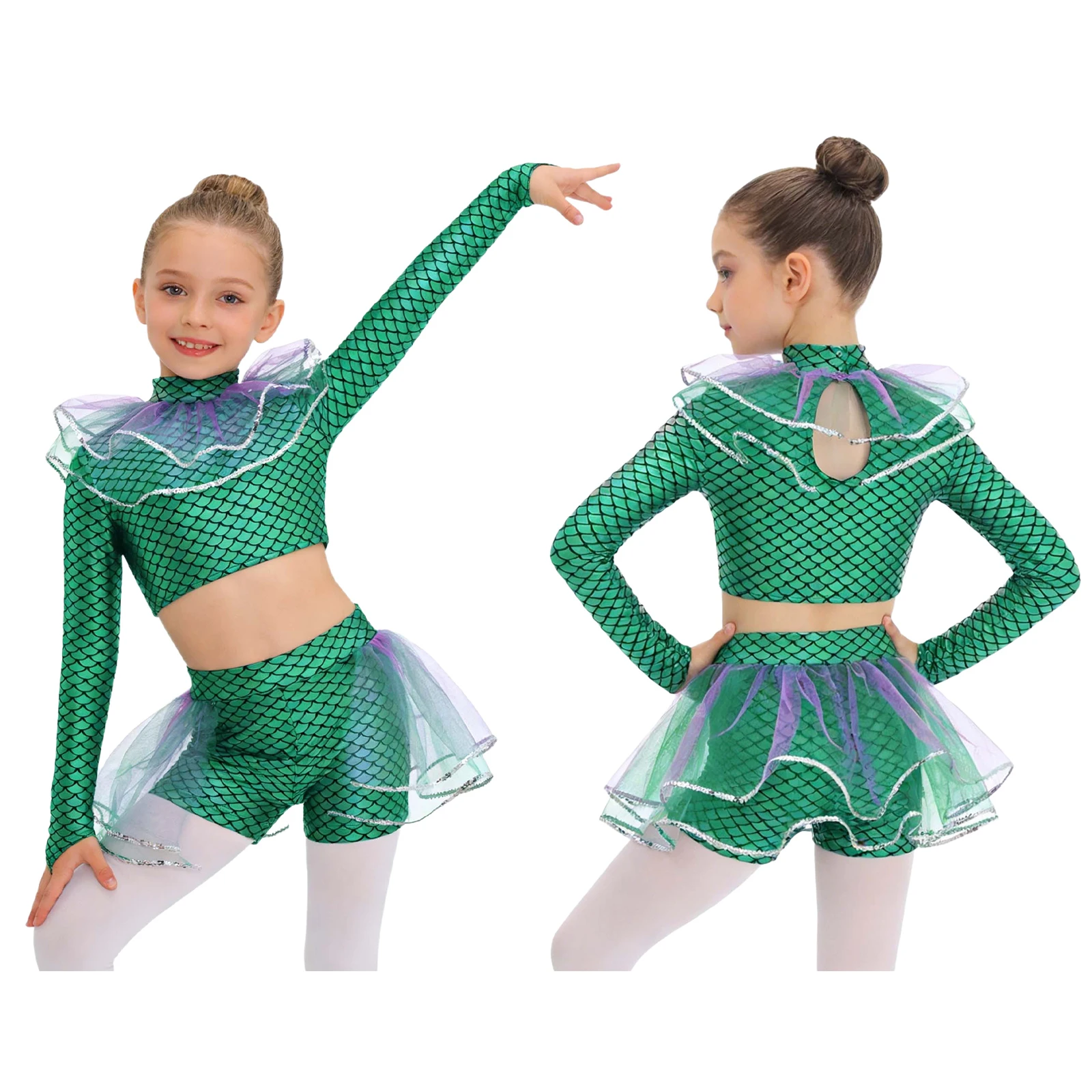 Girls Mermaid Ballet Dance Leotard Metallic Fish Scale Gymnastic Jersey Jumpsuit Sequins Crop Top with Shorts Halloween Dress Up