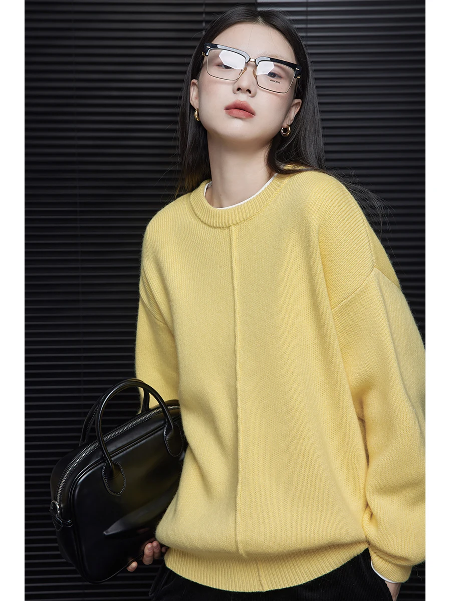 

Желтый вязаный шерстяной свитер женский, осенне-зимний, новый, повседневный, в стиле «ленивый шик», с эффектом высокого класса, уличный, свободного кроя, длинный, с круглым вырезом