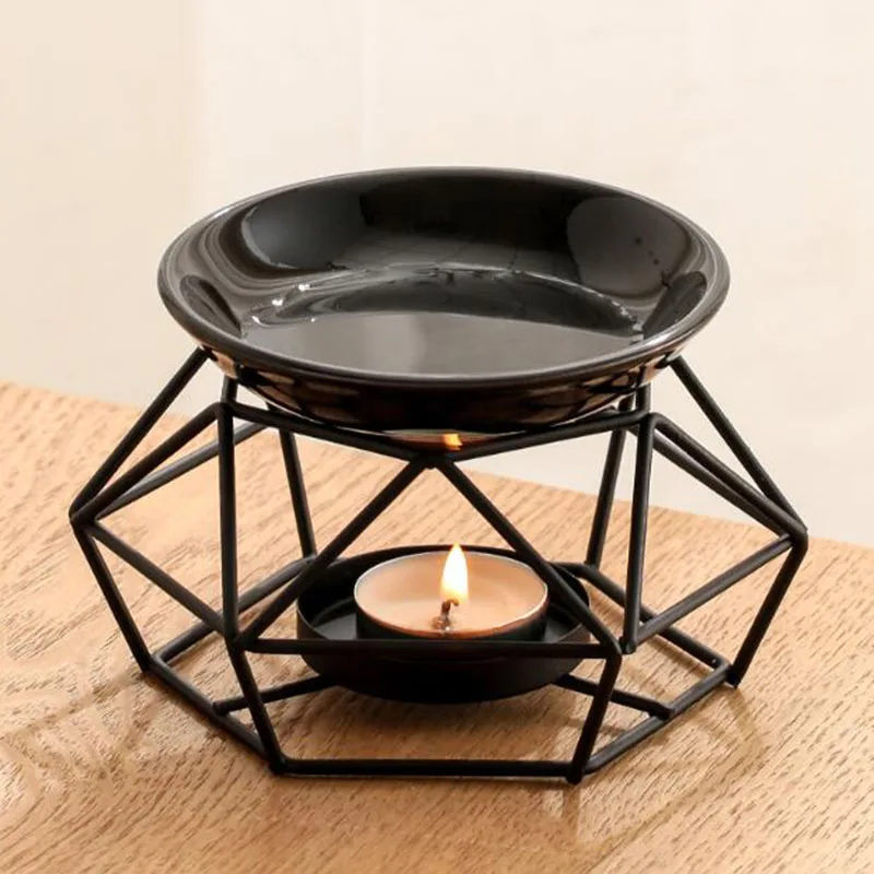 Ceramic Bowl Iron Rack Black Color Polygon Essential Oil Burner Candle Holder Oil Lamp Fragrance Censer Bedroom Use Home Decor