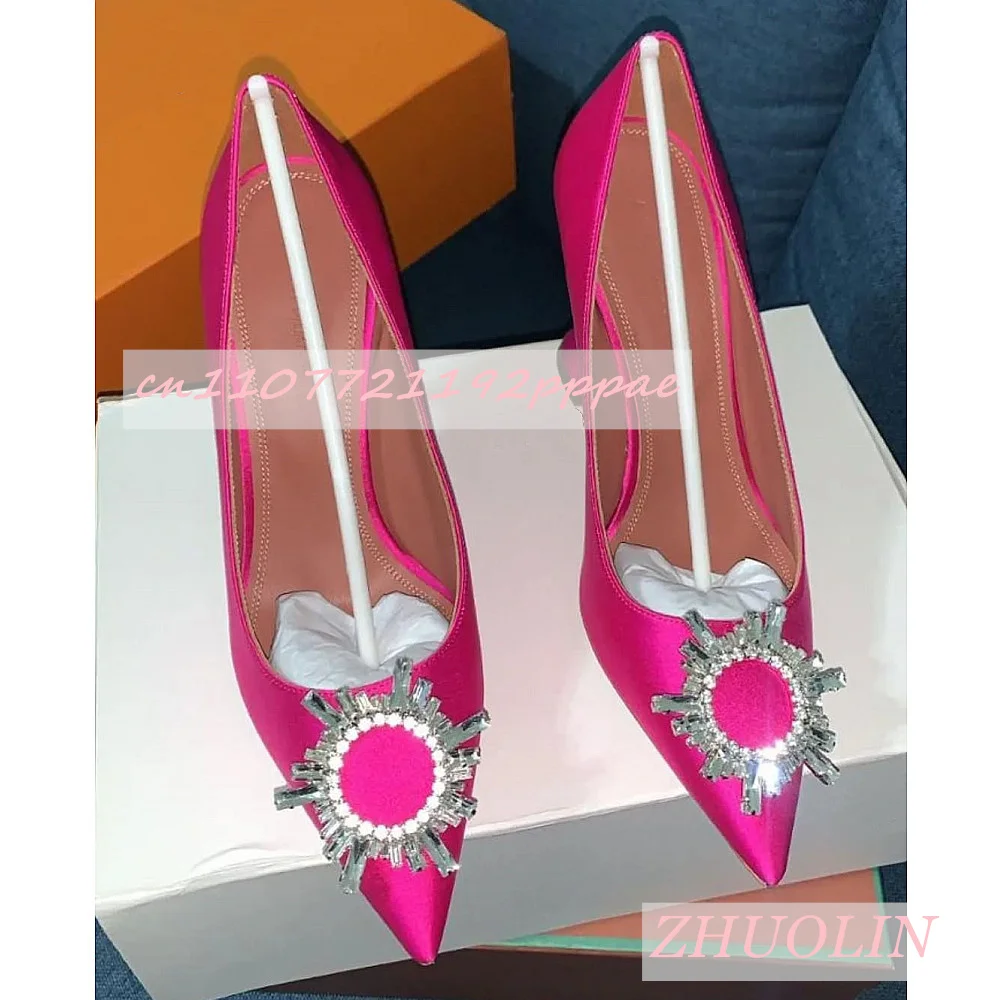 

Sun Crystal Satin High Heels Spring Pointed Wine Glass With Slip On Pumps Luxury Party Evening Dress Shoes Female Zapatos Mujer