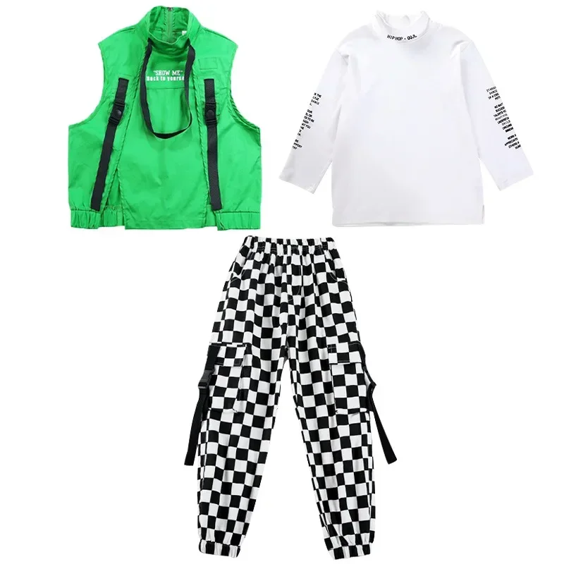 Cargo Jogger Pants for Girls Boys Dance Costume Clothes Kid Hip Hop Clothing Sleeveless Jacket Top Streetwear Checkered Tactical