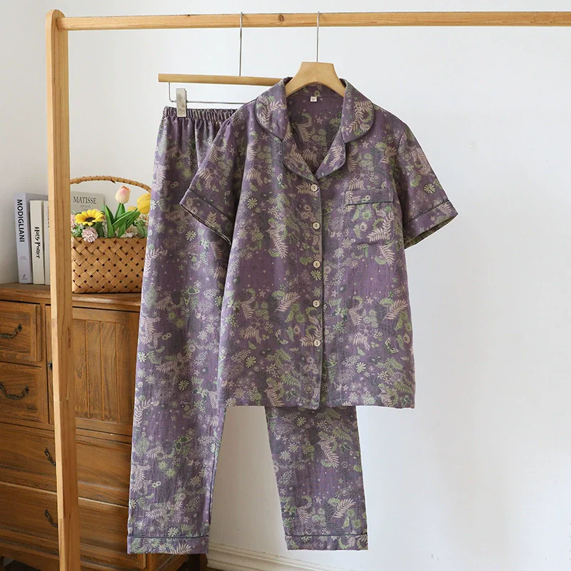 

Women Summer Pajamas Pure Cotton Floral Short Sleeve Sleepwear Women's Suit Pyjama Set Loose Night Wear Female Nightie