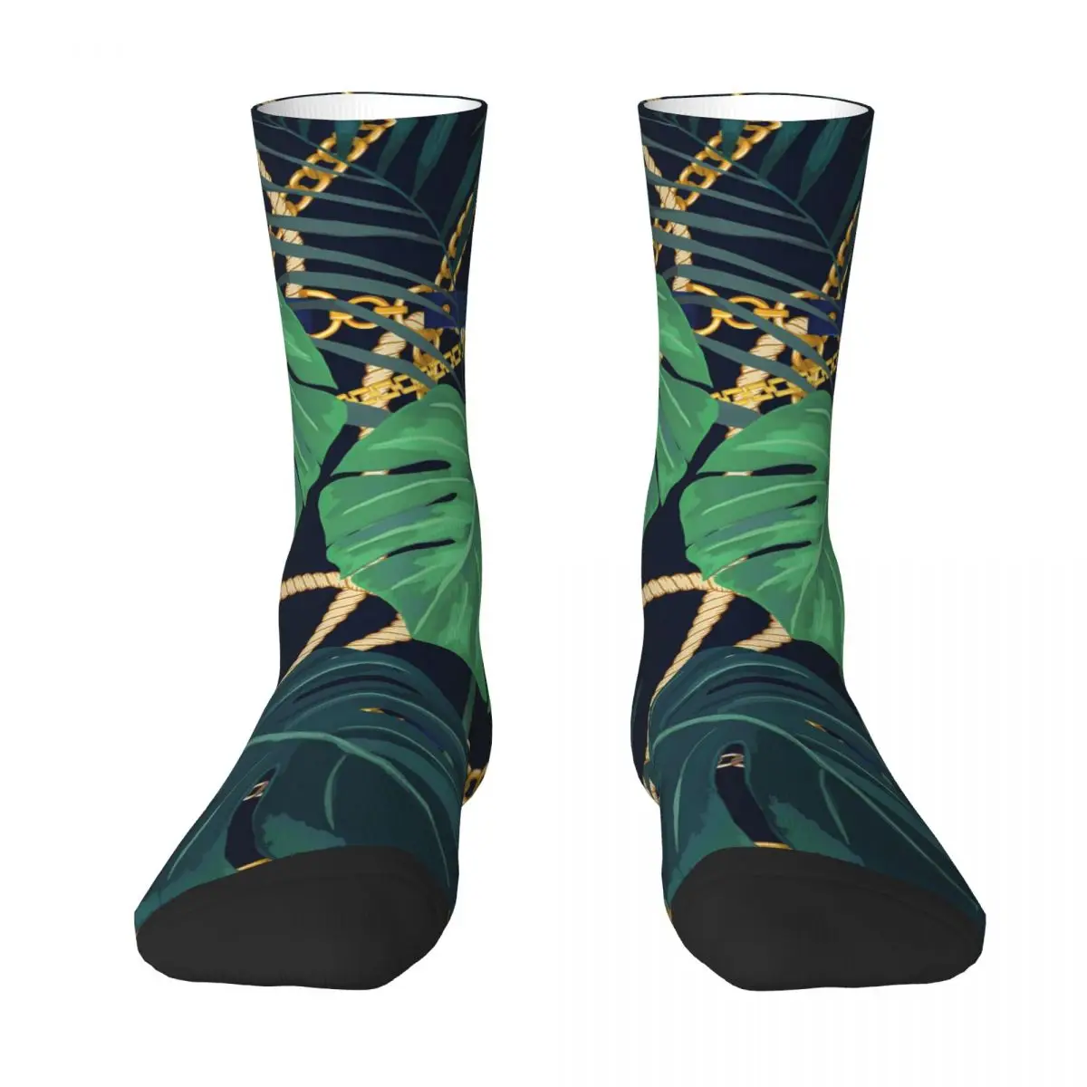 Gold Chains Socks Palm Leaf Print Modern Stockings Women Medium Soft Cycling Socks Winter Pattern Anti-Slip Socks