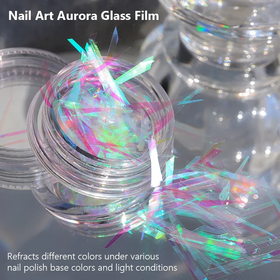 1 جرة غير النظامية أورورا الزجاج فيلم ملصقات الأظافر، سباركلي مسمار الفن الترتر الليزر قزحي الألوان للديكور DIY #2
