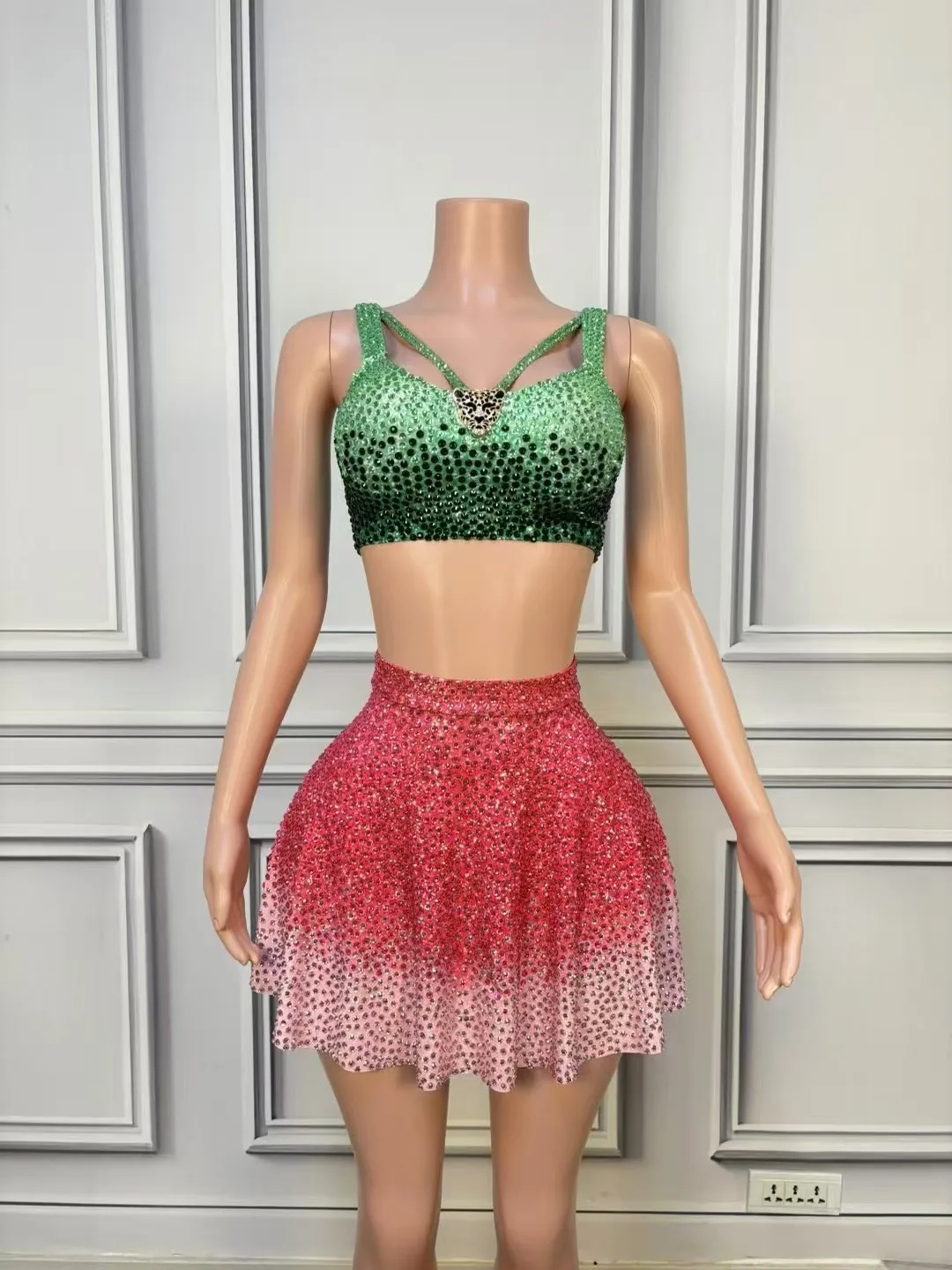 Women Sparkly Rhinestones Sexy Stage Dress Mesh Sleeveless See Through Celebrate Evening Prom Birthday Photoshoot Dress Set
