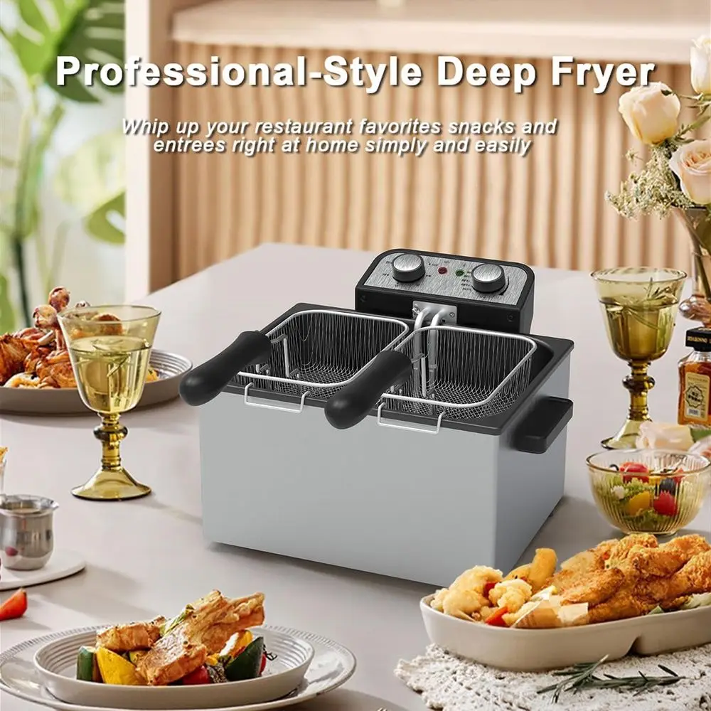 Penggorengan Listrik Stainless Steel 5L dengan 3 Keranjang, Suhu Dapat Diatur, Tutup Transparan