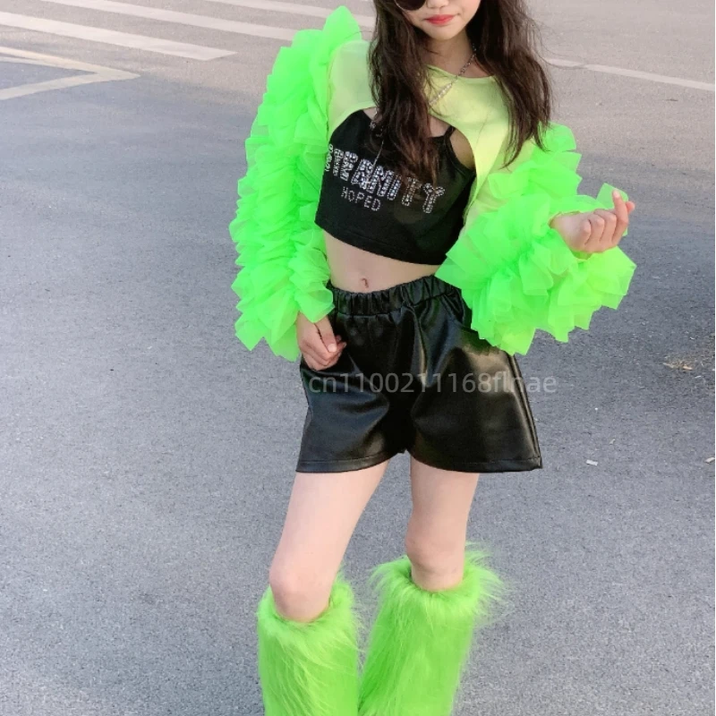 Traje de baile de Jazz para niños, conjunto verde de fruta dopamina con ombligo expuesto, disfraz de baile callejero de JAZZ para espectáculo de pasarela