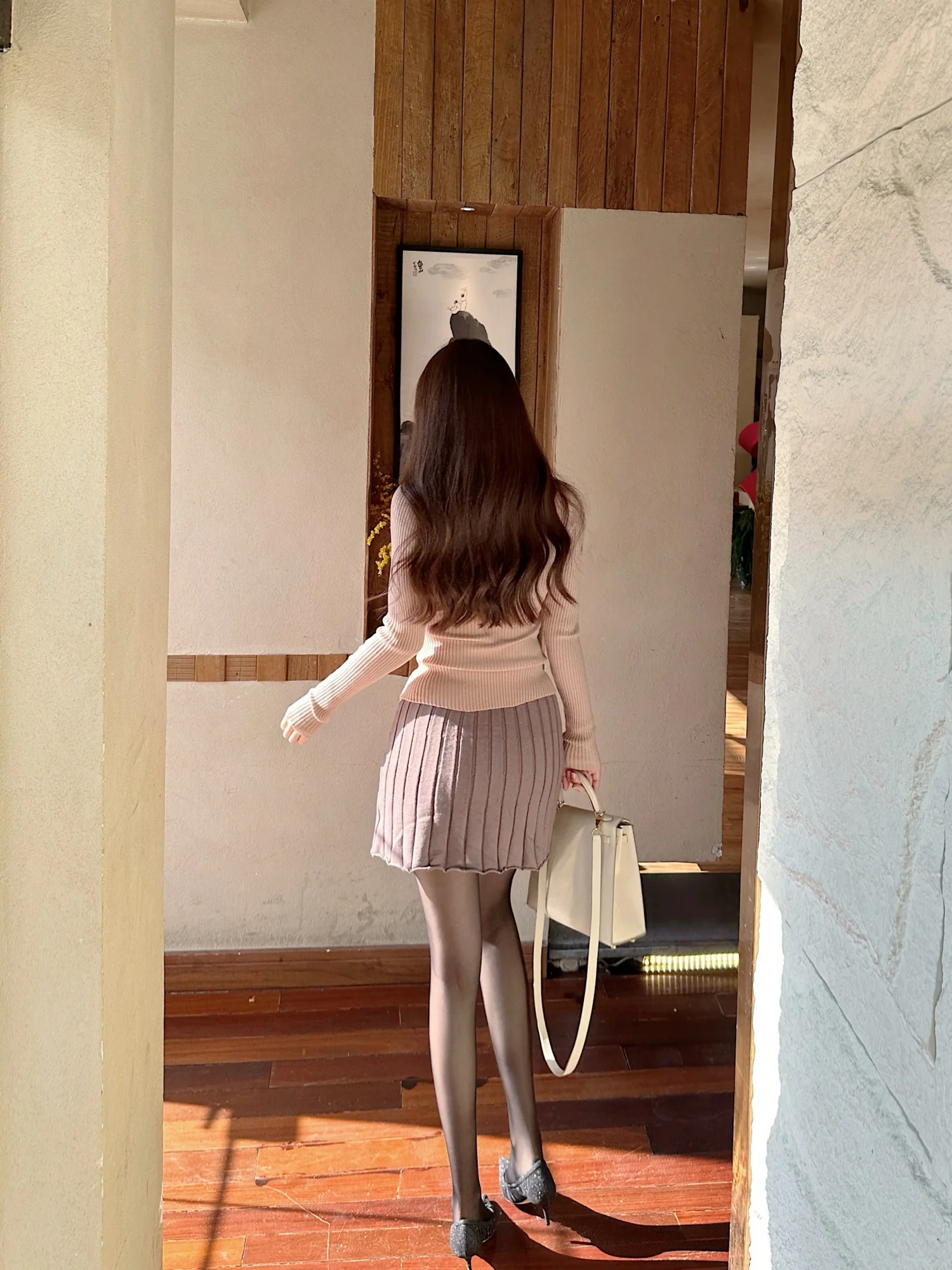 

Юбка А-силуэта с высокой талией, вязаная, цвет персиковый, плиссированная, приталенная, в корейском стиле, для офиса, женская