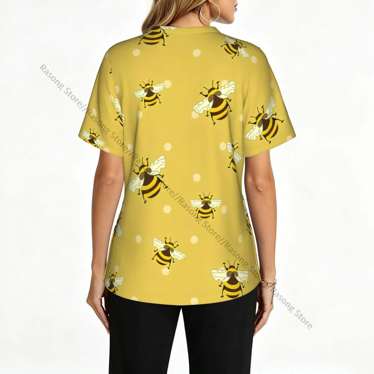 Cartoon Bees Scrubs Medical Uniforms Women V Neck Short Sleeve Tunic Scrubs Tops Nursing Surgical Uniforms