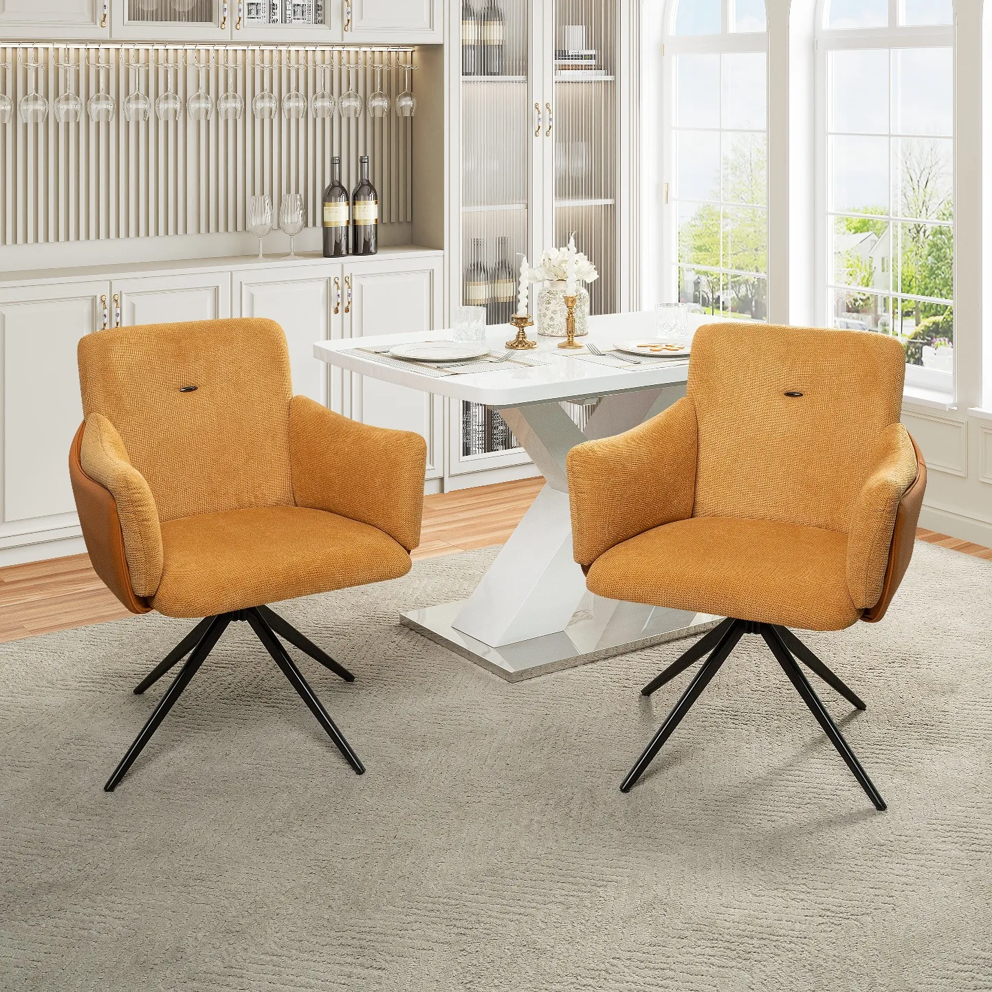 360° Swivel Home Office Desk Chairs Set of 2,Modern Dining Chairs with Arm, Upholstered Bedroom Chairs Metal Base,Makeup Vanity,
