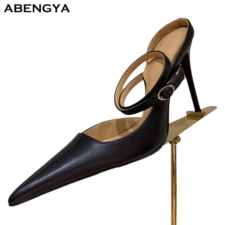 Hot Sale New Black Leather Shoes Women Pointy Toe Mules Super High Heel Dress Shoes Summer Fashion Party Banquet Shoes For Women