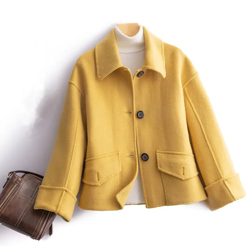 

Spring Autumn Korean Loose Short Double Sided Cashmere Wool Jacket Coat Women Outerwear Solid Color Long Sleeve Wool Coat Female