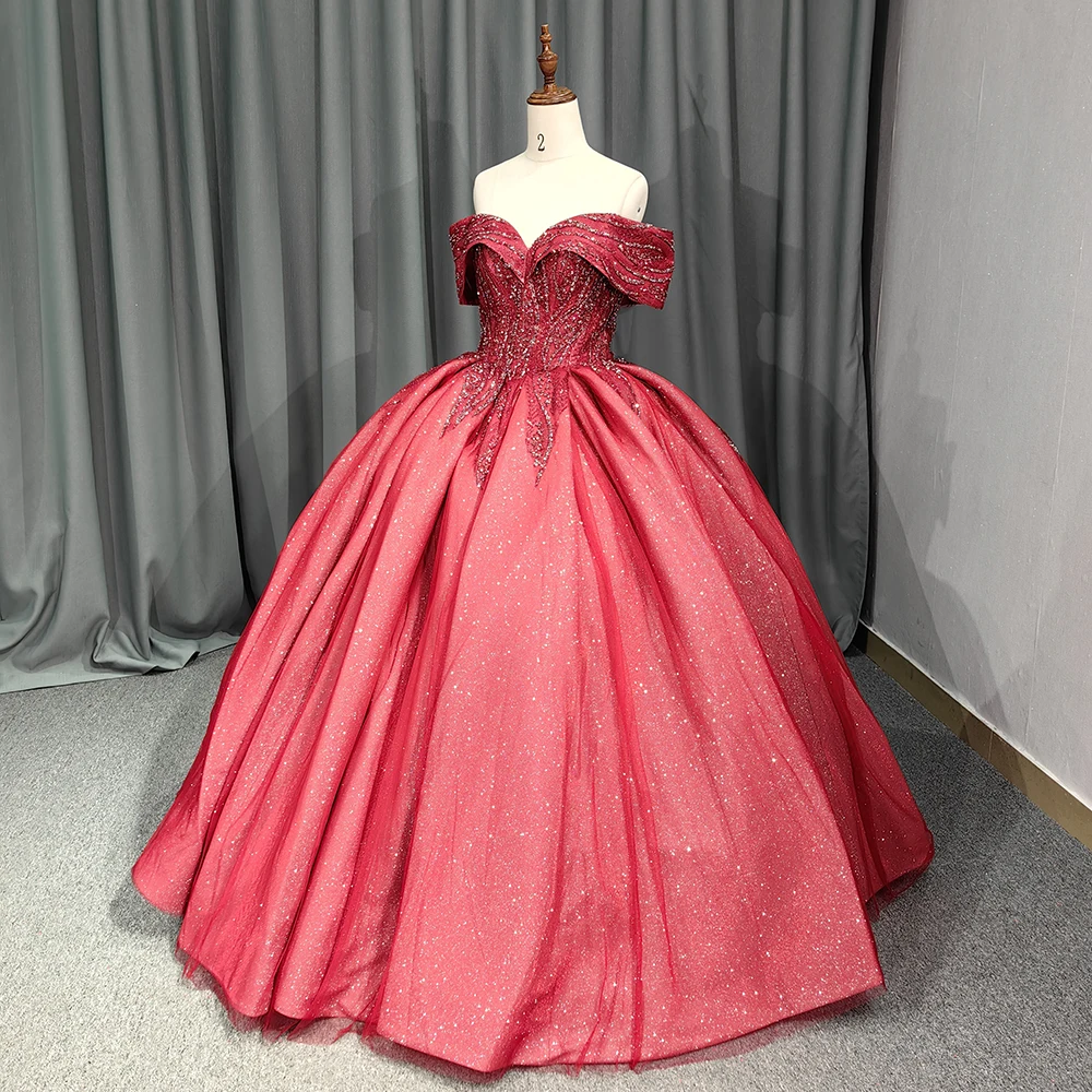 Red Queen Style Off The Shoulder Sparkle Ball Gown Wedding Dress Beadings Glitter Tulle Evening Dress 9830-2