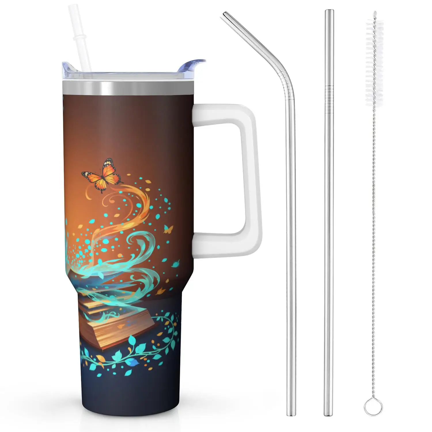 Magic Book 40Oz Handle Cup - Includes Straw Set, Inner Layer Made of 304 Stainless Steel, Outer Layer Made of 201 Stainless Steel, Seamless Inner Liner, Lid Made of PC Material, Durable, an Excellent Gift, Lid for Safer Travel