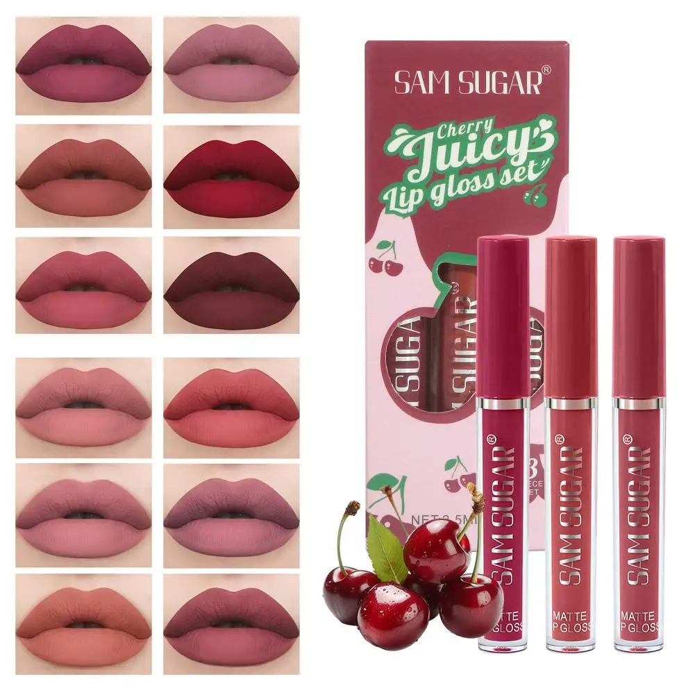 3pcs Fruit Cherry Strawberry Liquid Lipstick Makeup Kit Non Stick Cup Colorfast Long Lasting Velvet Matte Peach Lip Gloss Set