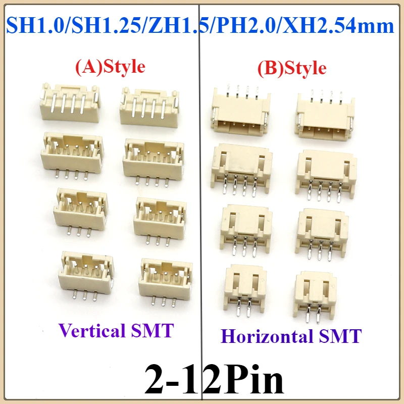 

20PCS/LOT Pitch SH1.0mm 1.25mm ZH1.5mm Ph2.0mm XH2.54mm Spacing Connector 2P 3P 4P-12P Vertical SMD Socket Connector Patch Plug