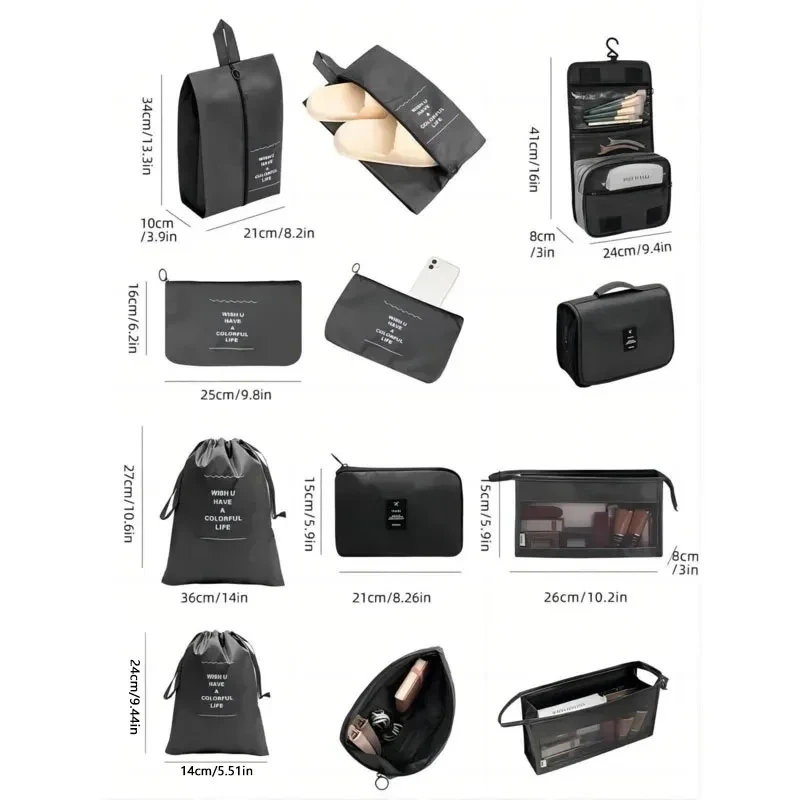 10/7-Piece Travel Bag Organizer Set Suitcase Packing Cubes with Clothes Shoes Blanket Pouches Luggage Organization System