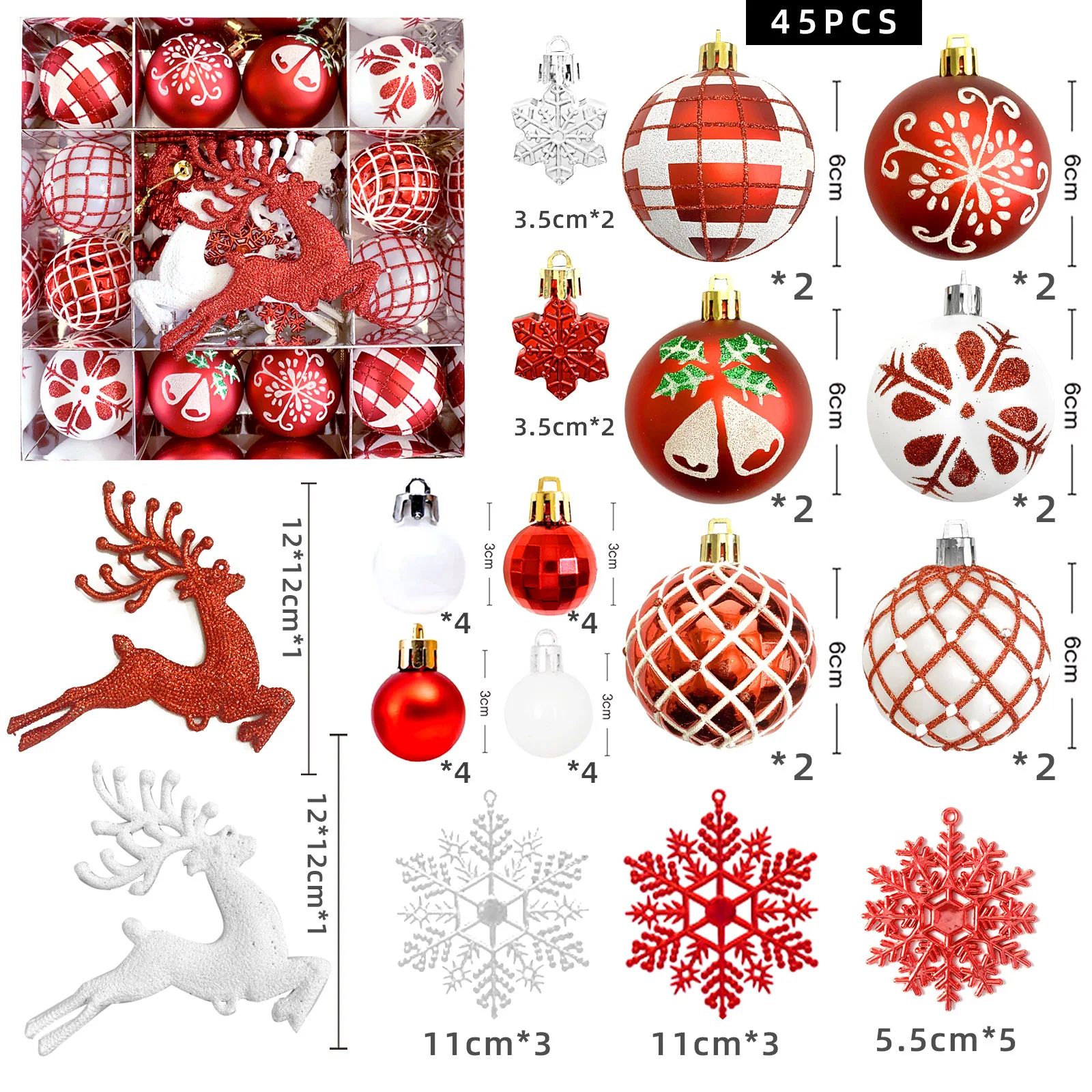 Ensemble de décoration de boules de noël, 45 pièces, flocons de neige brillants, renne, boules peintes de noël, bricolage, pendentif d'arbre de noël, boîte de boules