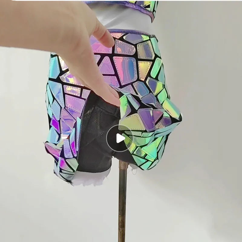 الأرجواني الأزرق الليزر مرآة القمم تنورة 2 قطعة أداء الملابس النساء المغني راقصة بار ملهى ليلي المرحلة ارتداء ملابس رقص الحفلات