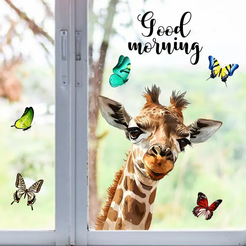 Giraffe Window Wall Decal Good Morning Waterproof Animals Wall Sticker Double Sided Wall Sticker Realistic Animal Car Window