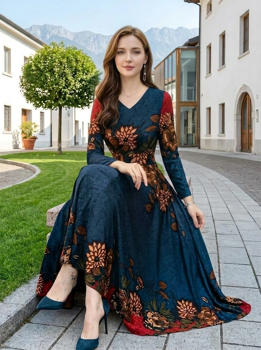 Women's V Neck Long Sleeve Color Block Floral Print Flowy Maxi Dress For Travel Dinner Outdoor Weekend Fashion Occasions