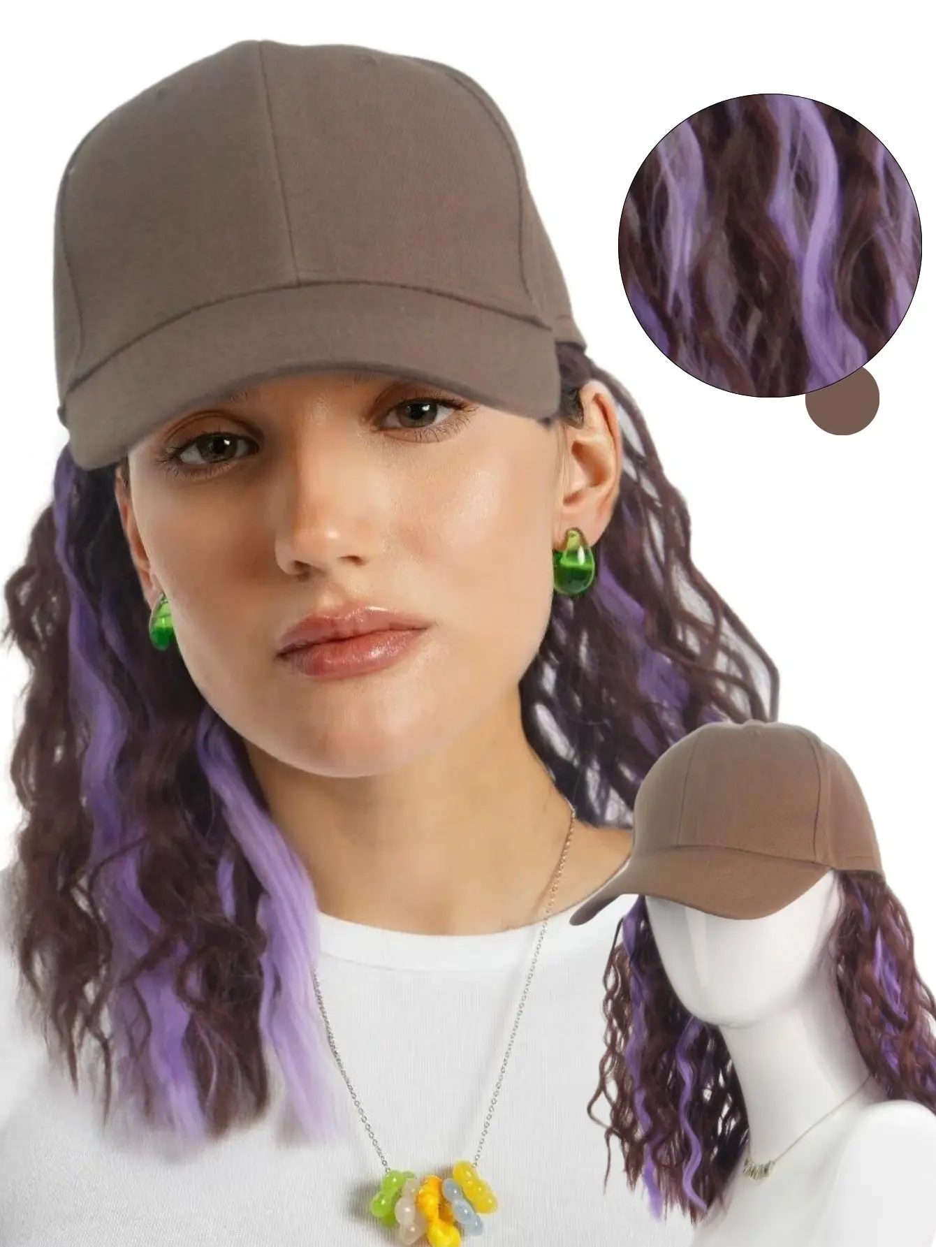 

Fashion Wig Hat in One, Trendy Colorful Long Curly Hair.Gradient Short Curly Hair Baseball Cap,Daily Styling Hat.
