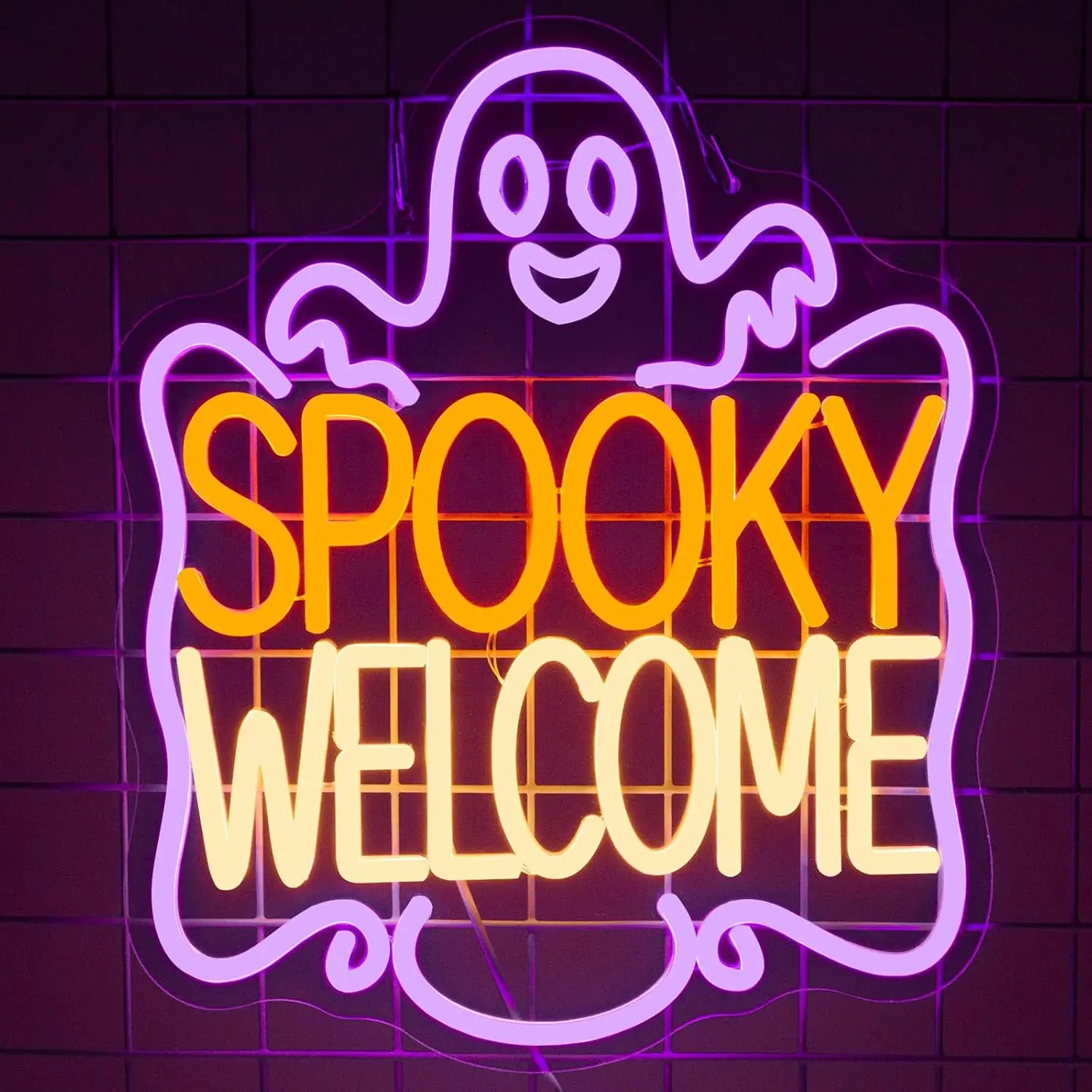 Spooky Welcome Neon Sign USB Powered Ghost LED Neon Light Halloween Party Game Room Bedroom Aesthetic Decor Night Light Gift