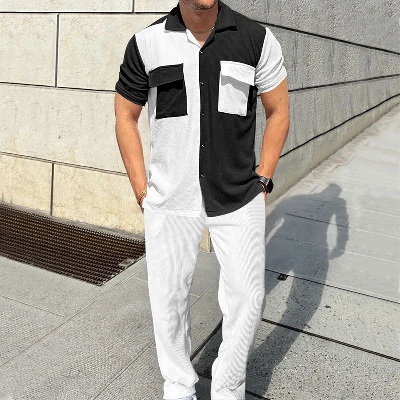 Autumn Men Cardigan Shirt and Trousers 2 Pieces Set Casual Party Lapel Button Short Sleeve Suit Solid Color Fall Streetwear