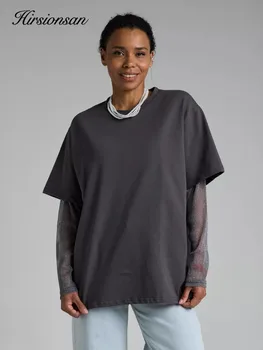 Hirsionsan Bawełniana koszulka damska 2024 Letnia koszulka z długim rękawem Oversized Bright Silk Patchwork Casual Loose Tshirt Chic Female Tops