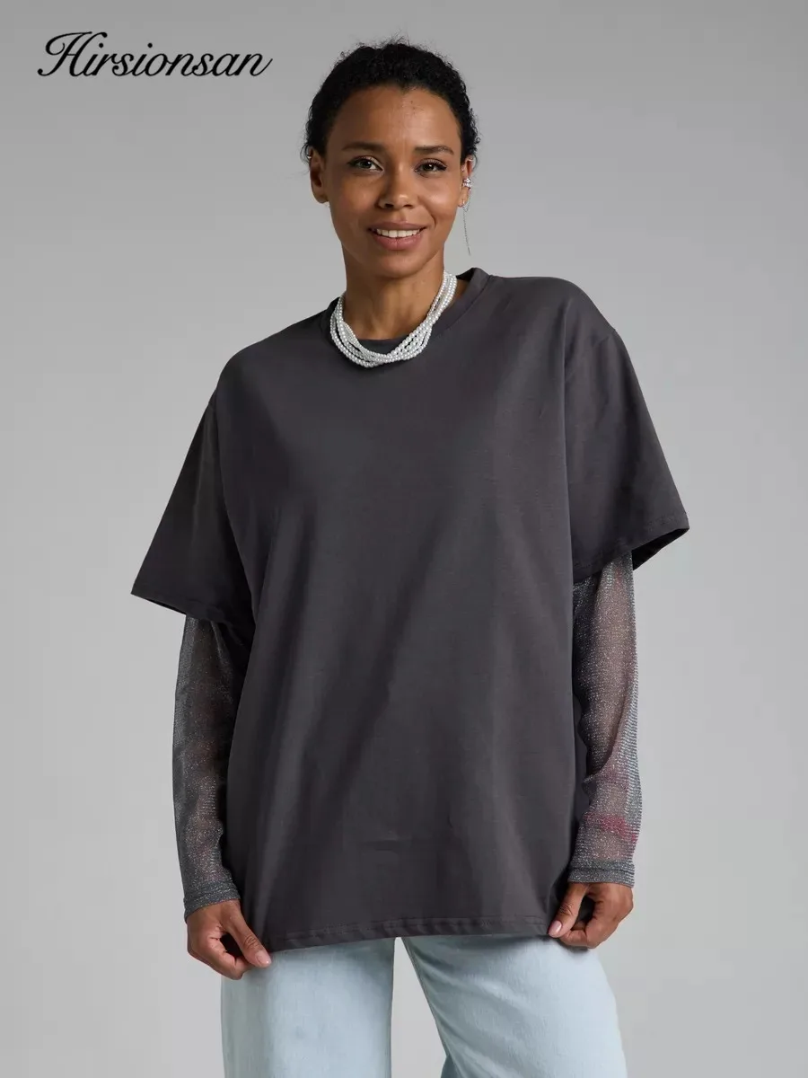 Hirsionsan Bawełniana koszulka damska 2024 Letnia koszulka z długim rękawem Oversized Bright Silk Patchwork Casual Loose Tshirt Chic Female Tops
