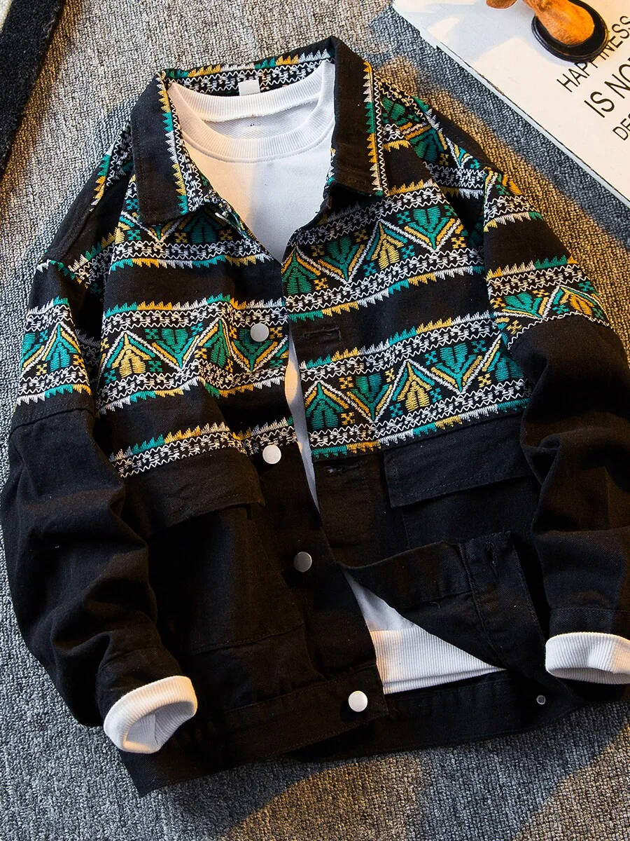 Men's BohoEthnic Geometric Embroidery Spring Fall Long Sleeve Denim Jacket Trendy Edgy Casual Jeans Jacket Versatile Streetwear