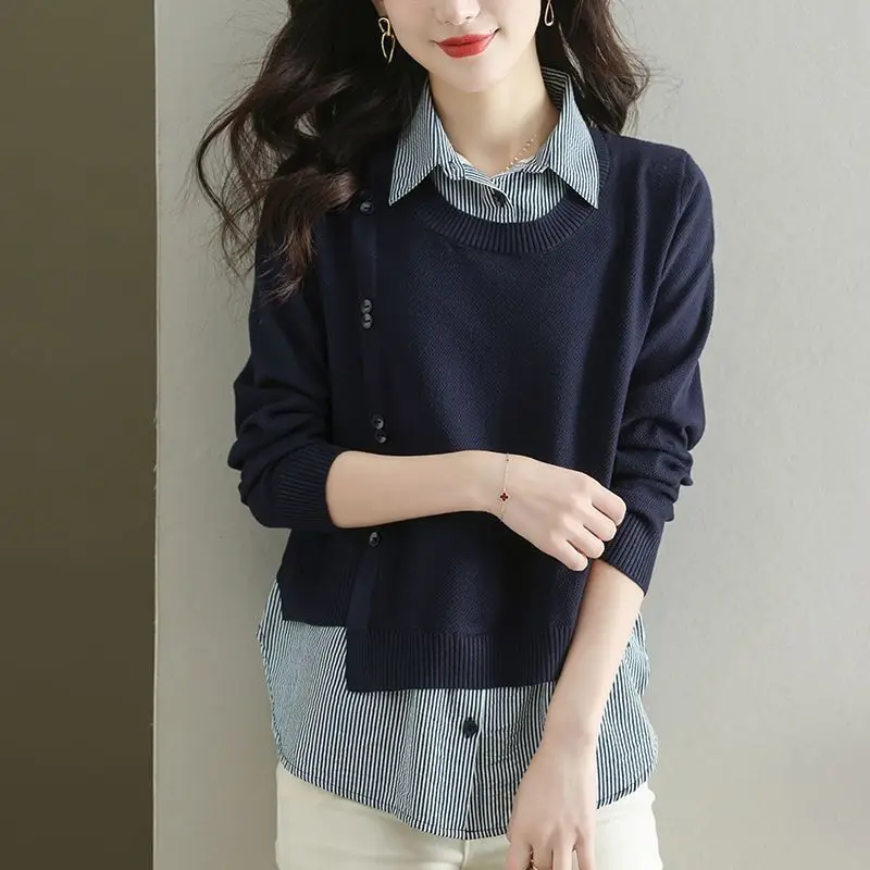 Lady Fashion Fake Two Pieces Sweaters Korean Loose Polo-Neck Patchwork Long Sleeve Knitted Tops Autumn Winter Women's Clothing