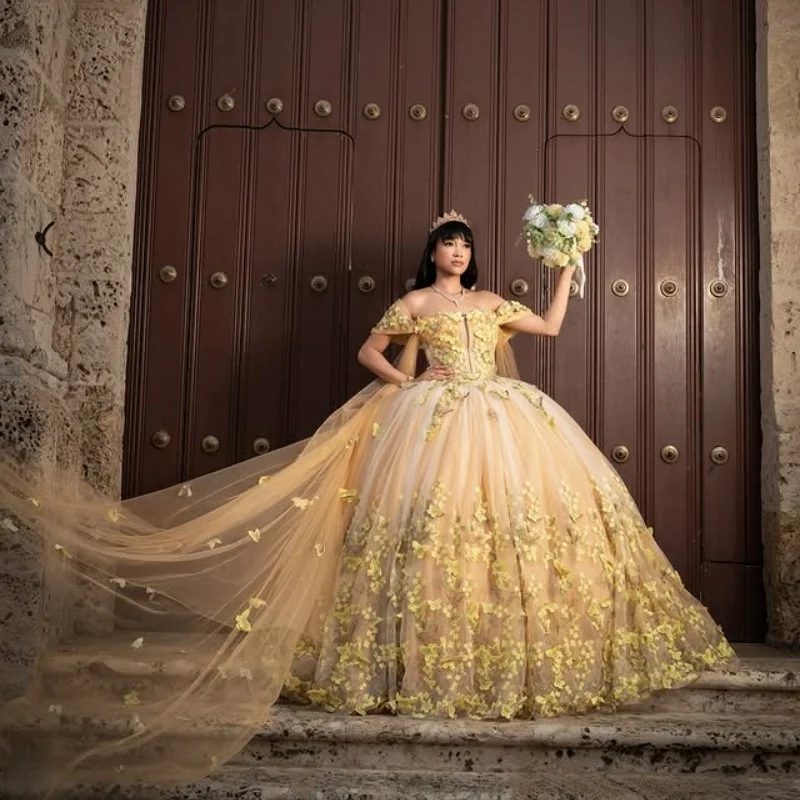 

yellow Quinceanera Dress Lace Tull glitter butterfly decal Long tail vestidos de 15 Quinceanera ﻿Customized
