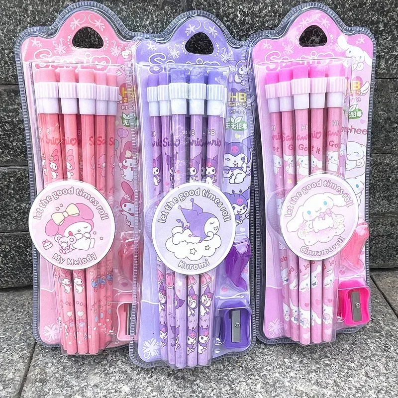 12pcs MINISO Sanrio Cinnamoroll My Melody Kuromi Pretend Pupil Study Write Painting Pencil Pencil+ Holder+pencil Sharpener HB