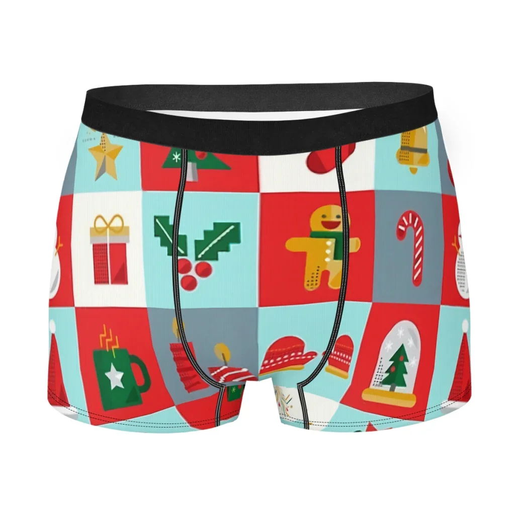 Christmas Icons Pattern Blocks Red Blue Colorful Merry Christmas Underpants Panties Men's Underwear Print Shorts Boxer Briefs