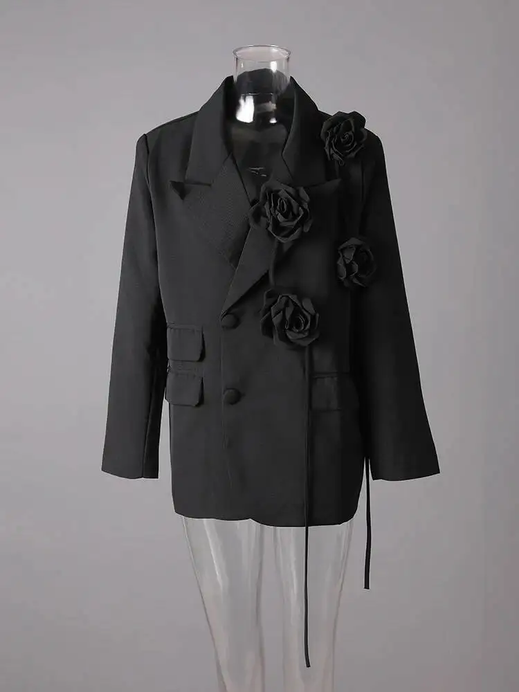 TLXT แฟชั่นผู้หญิงสีม่วงสามมิติดอกไม้เบลเซอร์ปกหลวมไหล่เดี่ยวเสื้อสูทฤดูใบไม้ร่วงใหม่