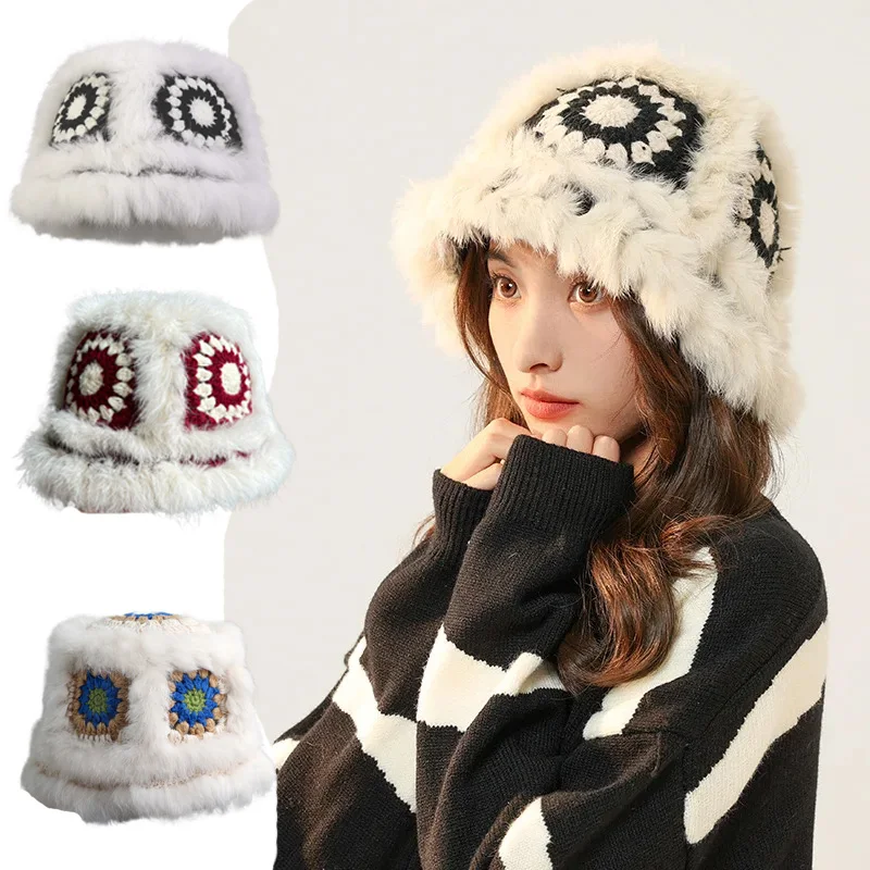 Stylish Crochet Bucket Hat Waking Lion Hat Women Winter Rabbit Fur Warm Cute Plush Cap Big Head Casual Knitted Fisherman's Caps