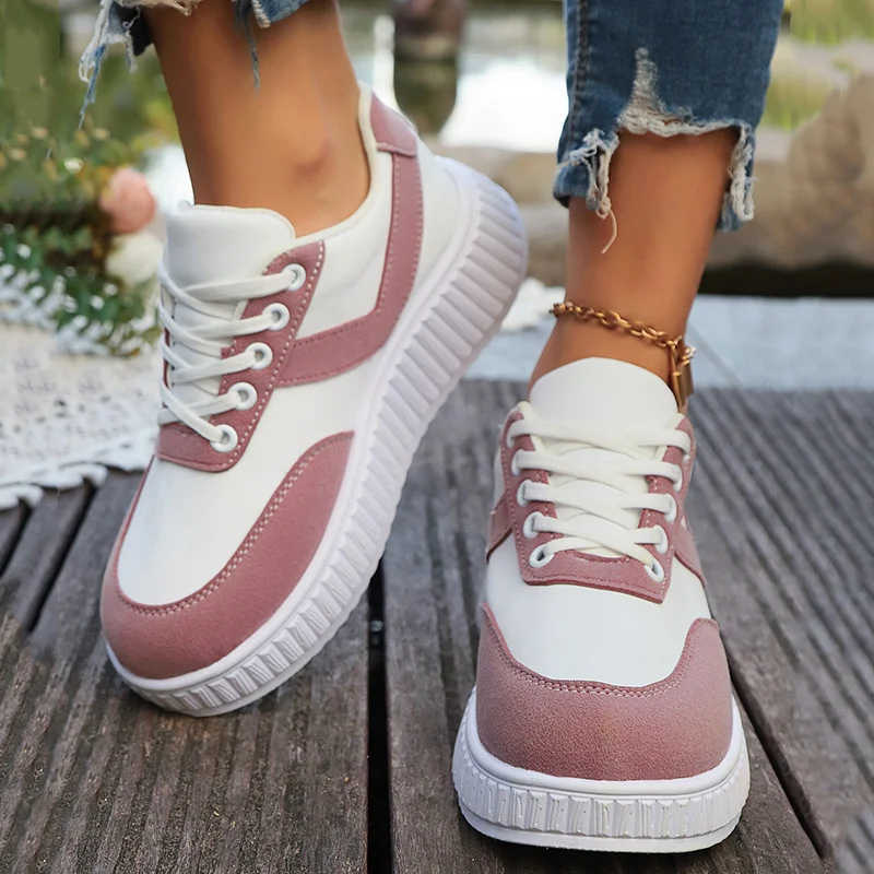 

Mixed Color Chunky Platform Sneaker Women Autumn Lace Up Thick Botton Vulcanize Shoes Woman Plus Size Pu Leather Walking Shoes