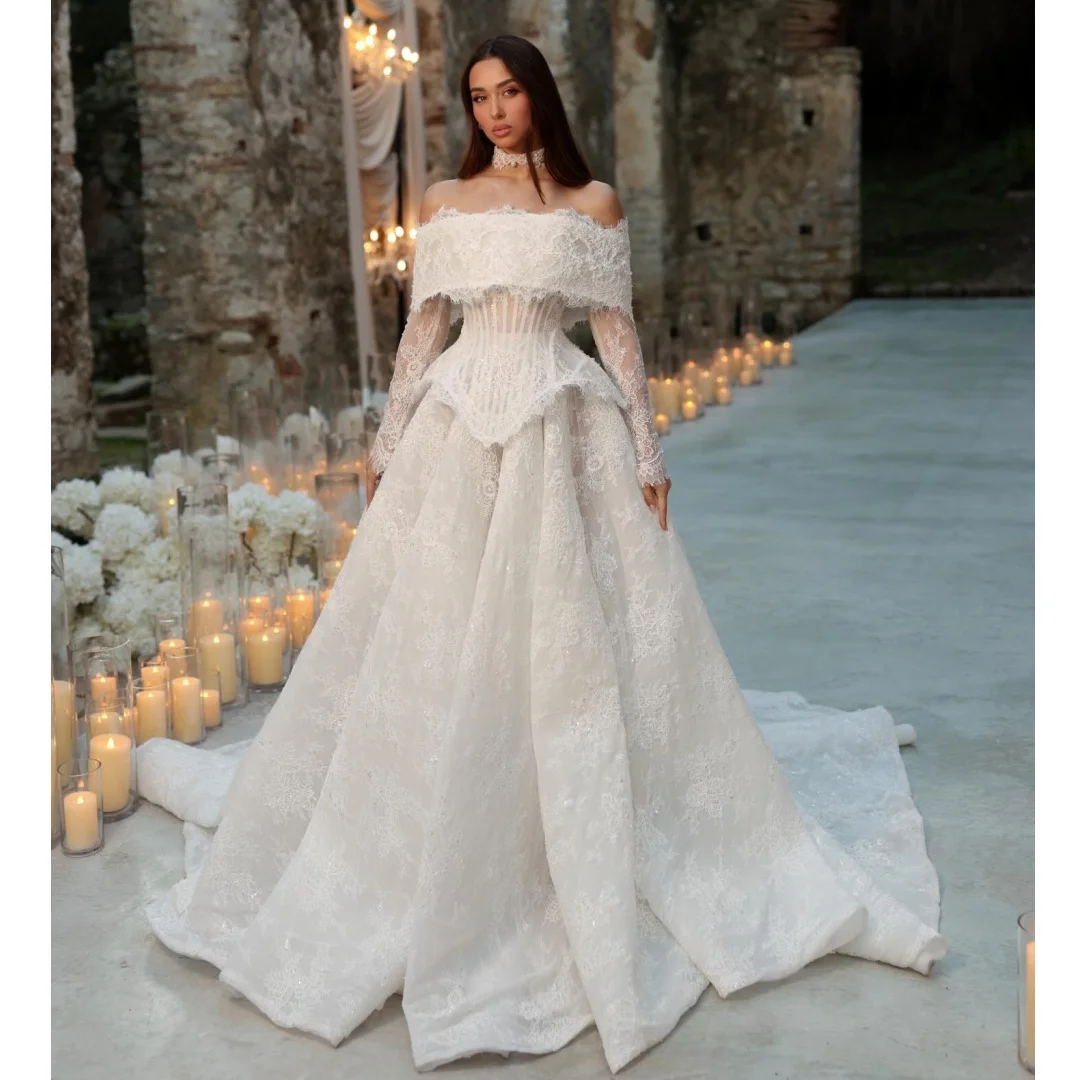 

Off the Shoulder Lace Wedding Dresses Long Sleeves Corset Bridal Gown Retro Pleat Formal Eveing Dress robe de mariée Customized