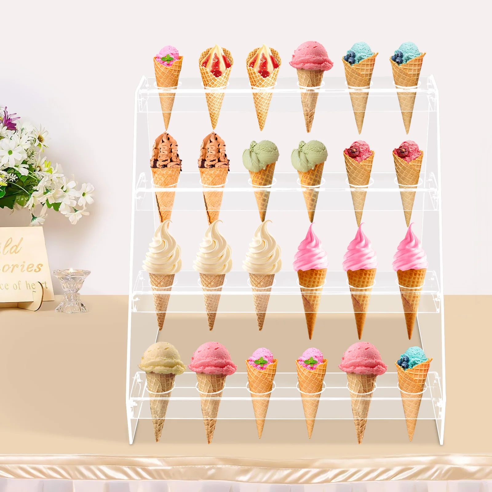 24 Hole Ice Cream Cone Holders Clear Acrylic Display Racks Party Cake Tray Stand 4 Layer Clear Acrylic Ice Cream Cone Holder