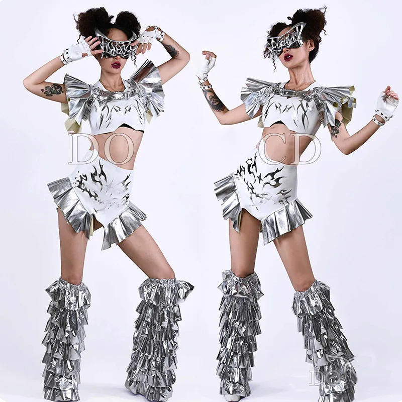 

Darg Queen Clothes Futuristic Silver Performance Suit Showgirl Costumes Gogo Dance Stage Outfit Women Party Rave Clothing yj158