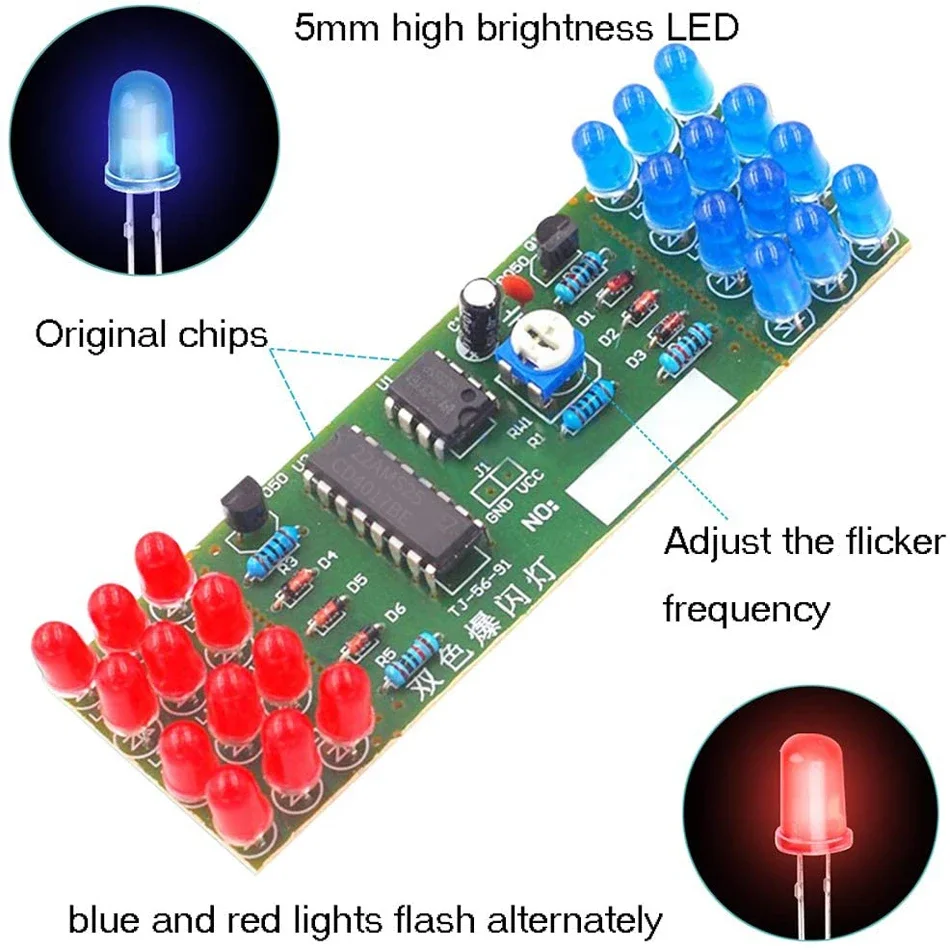 NE555 CD4017 IC LED أضواء إلكترونية أطقم أحمر أزرق ثنائي اللون لتقوم بها بنفسك عدة ستروب بدلة إلكترونية مكونات الأضواء الساطعة لتقوم بها بنفسك #2