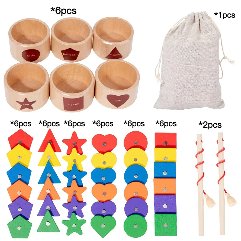 แม่เหล็กสีรูปร่างการจำแนกถ้วยเรขาคณิตความรู้ความเข้าใจเกมตกปลาการศึกษาของเล่นเด็กไม้