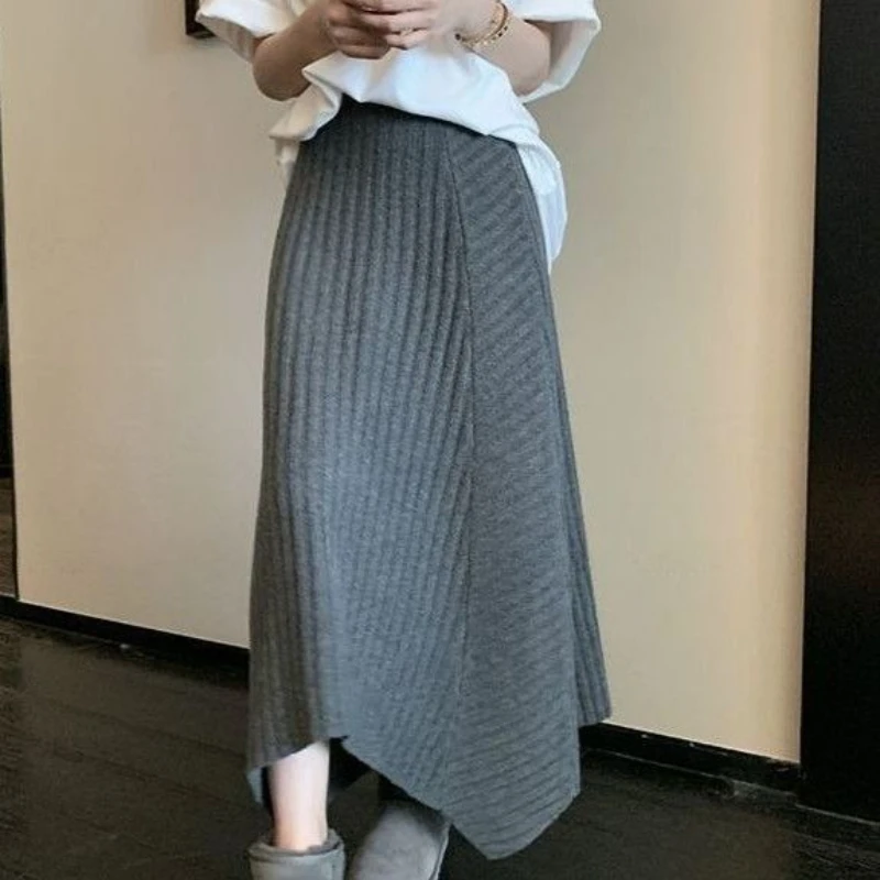 

Grey Irregular Stitching Knit Skirt 2025 Autumn and Winter Temperament High Purse Hip Long Women's A-line Skirt