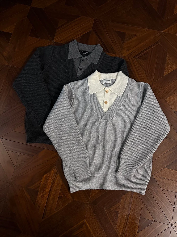 

Серый вязаный свитер с воротником-стойкой для мужчин, осенне-зимний, в стиле Cleanfit, премиум-класса, имитация двухслойности, американский стиль