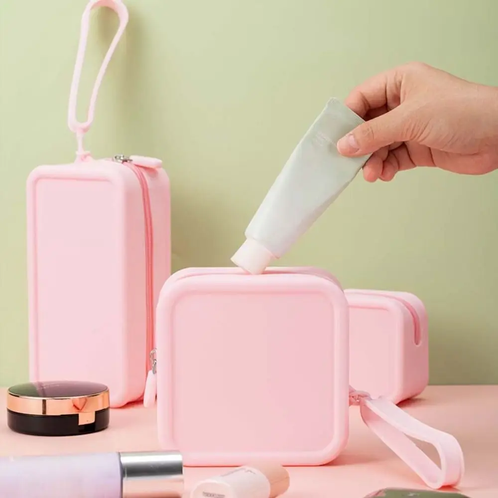 Morandi Color Silicone Cosmetic Bag Rectangle Large Capacity Multifunction Storage Bag Makeup Brush Holder Coin Purse
