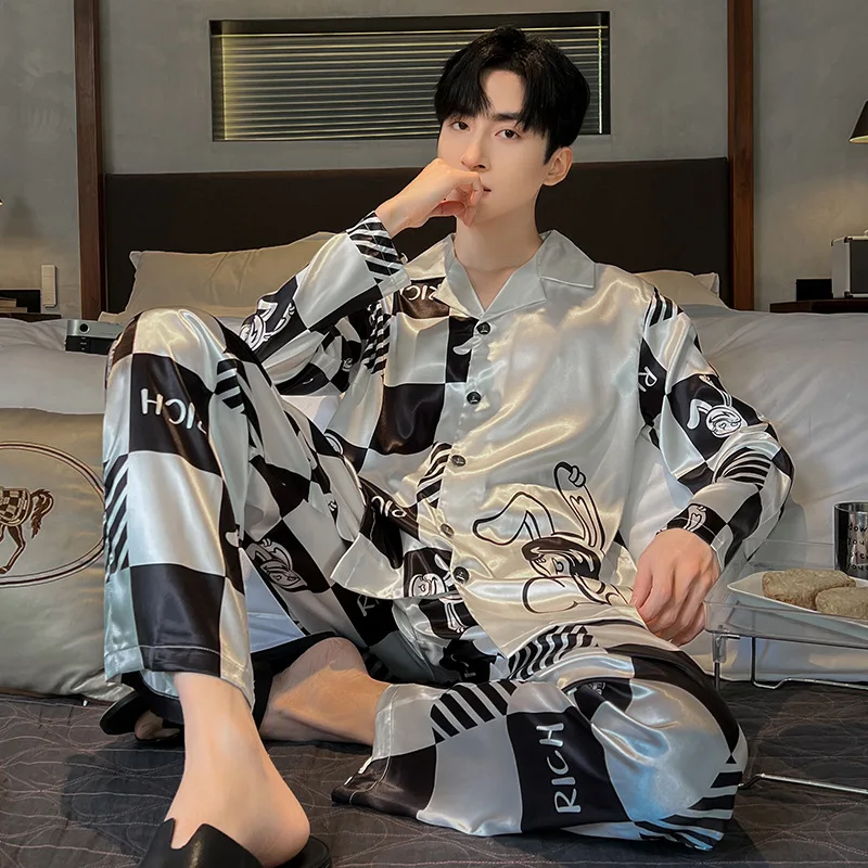 2024 New Spring Autumn Ice Silk Large Size Sleepwear Long Sleeved Thin Style Summer Men\'s Homewear Two-piece Set Loose Lapel