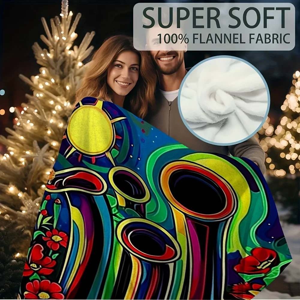 1pc Extra Large 60x80 Inch Soft Single-Sided Printed Blanket - Vintage Psychedelic Floral pipes & flowers in Neon Colors
