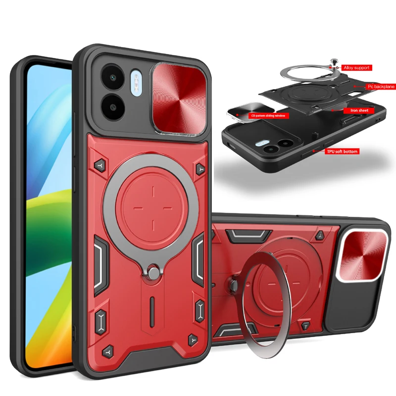 Armor Slide Camera Protect Cover For Redmi 12 12C 13 13C 4G 5G Magnetic Ring Stand Phone Case bag For Redmi 11 Prime Back Cover