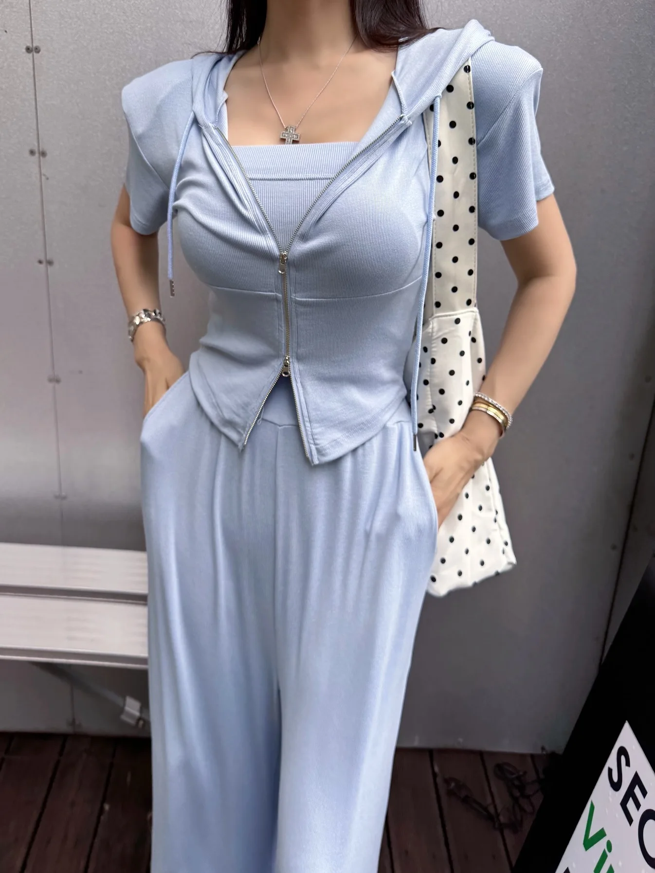 

Women's Short Sleeve Knit Cardigan Top Elastic Waist Loose Drapey Casual Pants Three Piece Set Fashionable Spring Summer Outfit